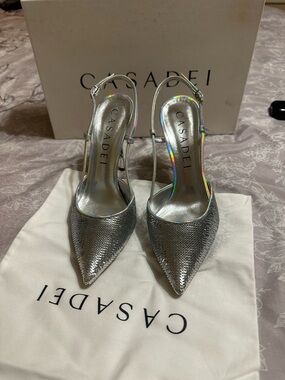 Casadei Iridescent Silver Pointed Slingback Pumps